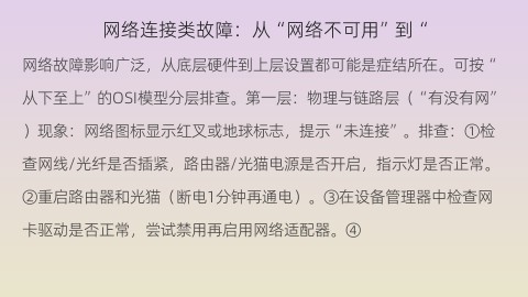 网络连接类故障：从“网络不可用”到“有网但慢”的全面修复